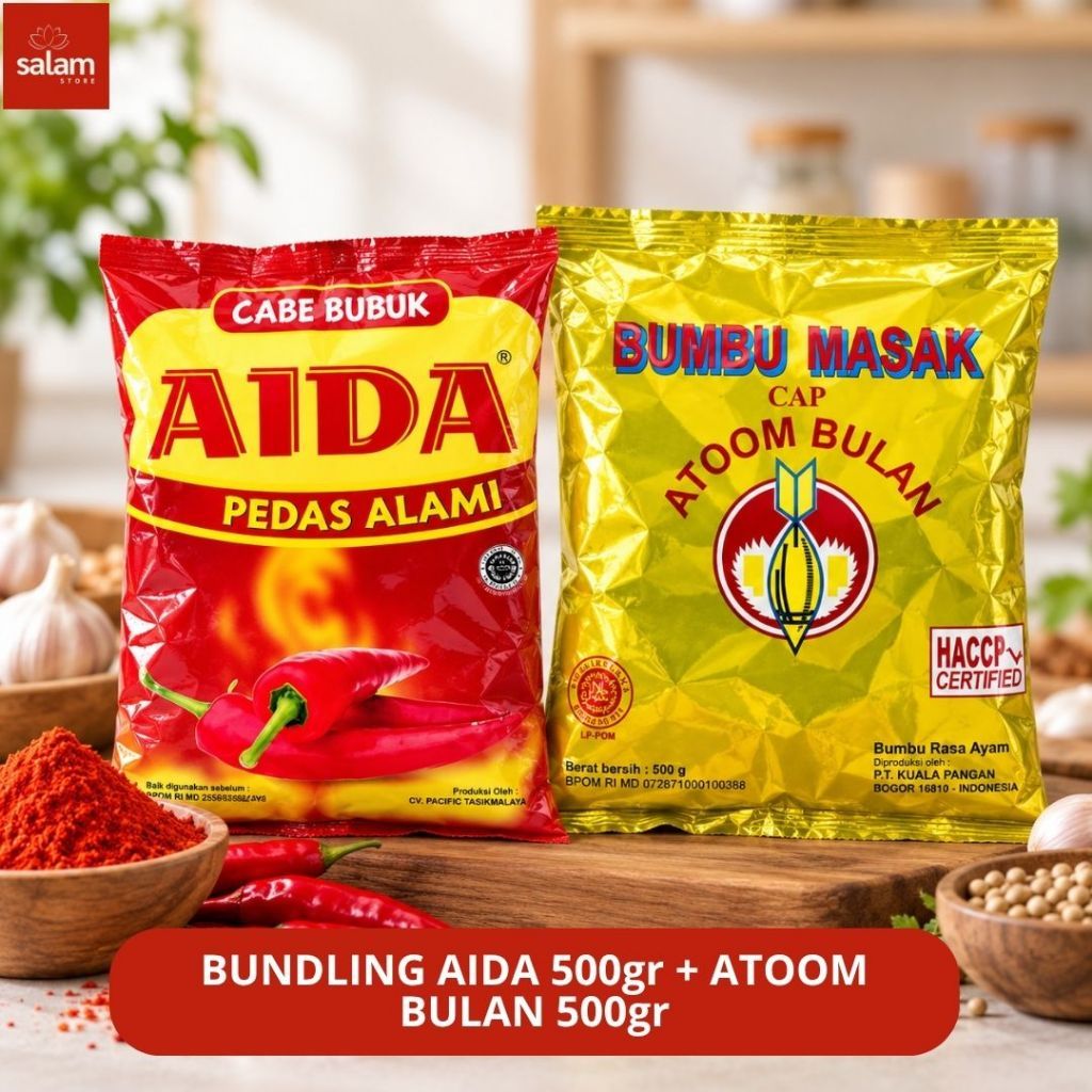 Paket Bundling AIDA Cabe Bubuk 500gr + Bumbu Atoom Bulan 500gr Original | Bumbu Masak Pedas & Gurih