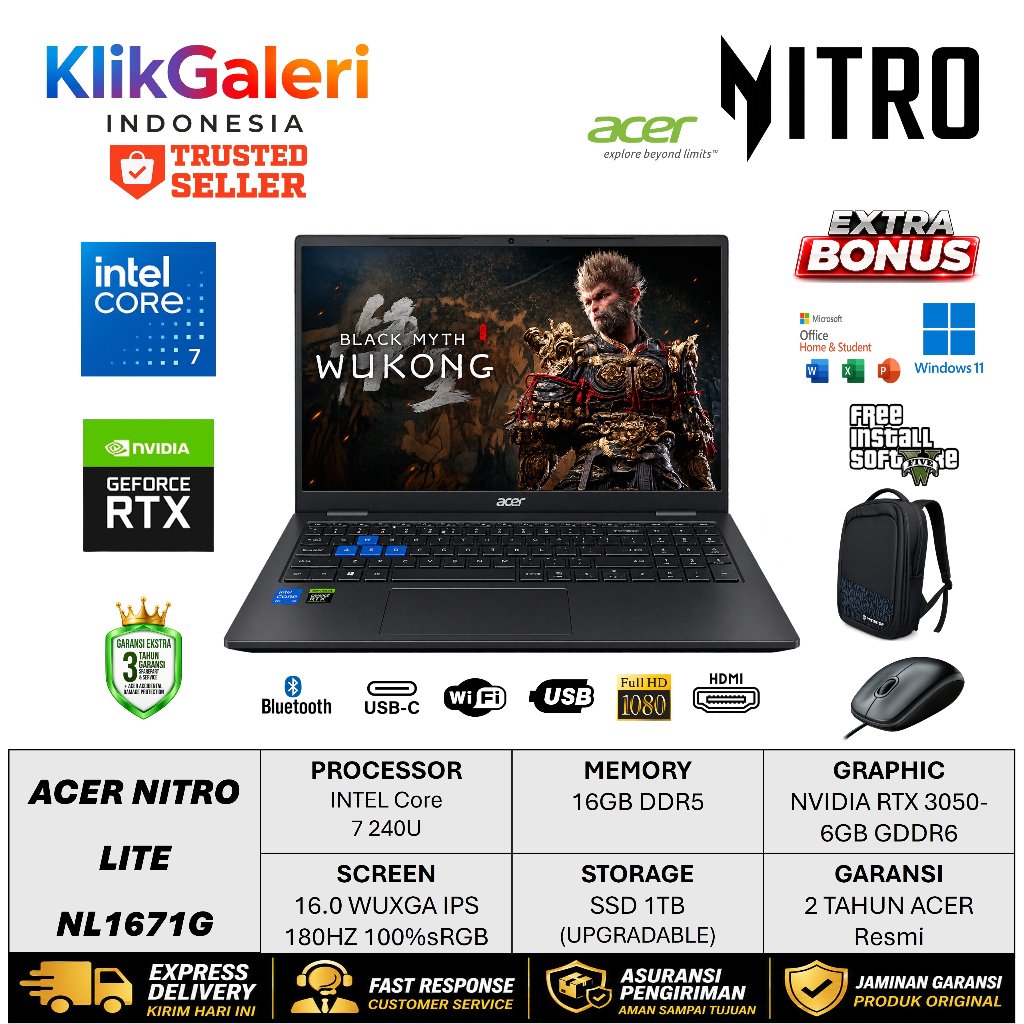 Acer Nitro LITE 16 NL16 71G Intel Core 5 Ram 16GB Ssd 1TB Screen 16.0 inci RTX 3050-6GB 180Hz Laptop