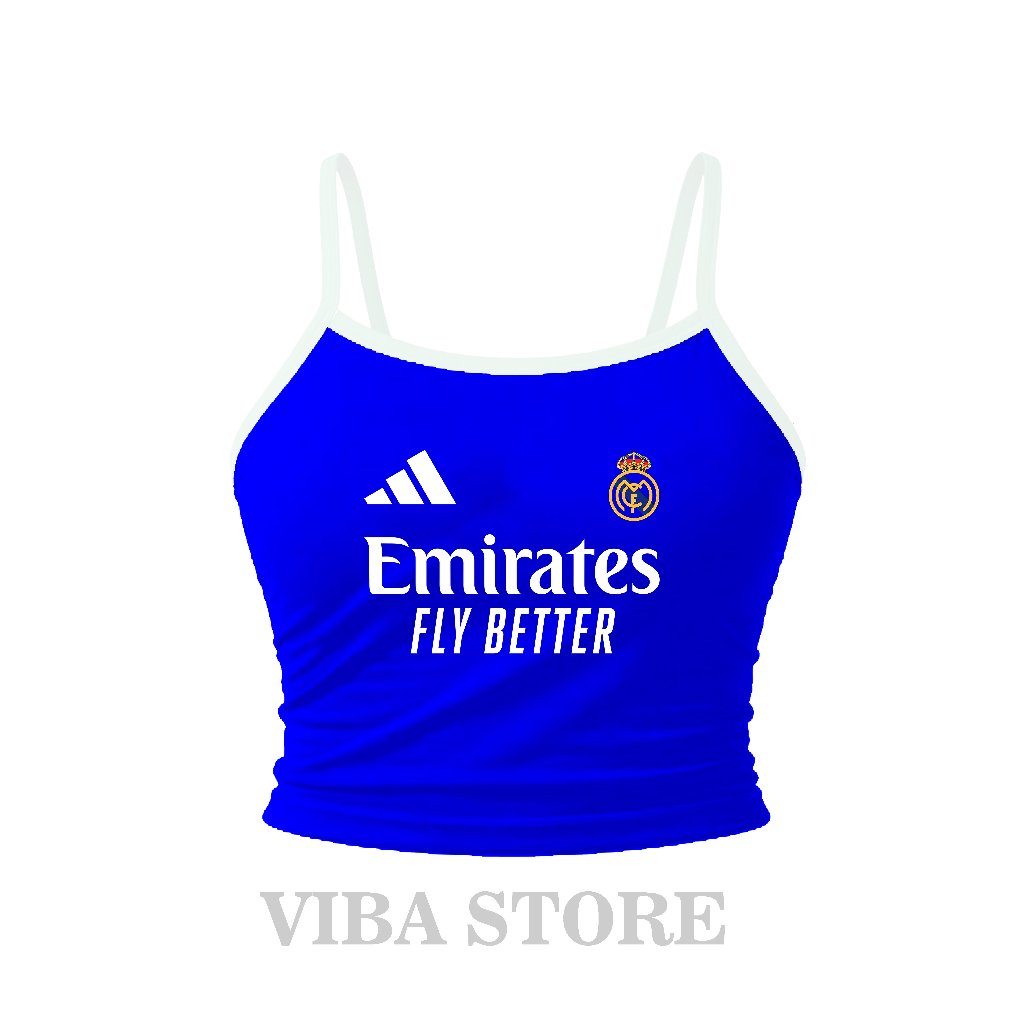 Tank top biru Real Madrid Emirates Fly Better wanita tanpa lengan