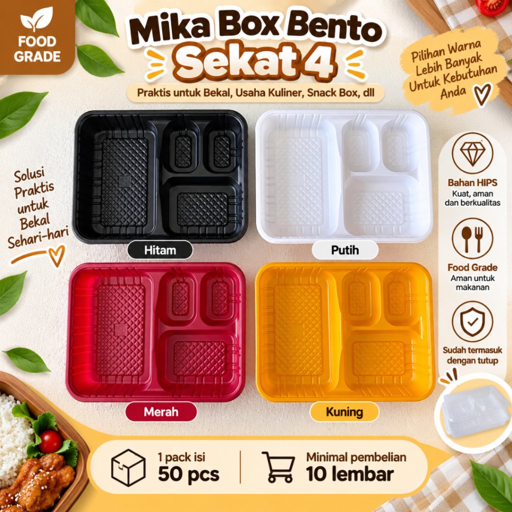 [ISI 50 PCS] Mika Box Bento Sekat 4 HIPS Tahan Panas | Mika Bento Catering | Bento Tray Sekat 4 HIPS