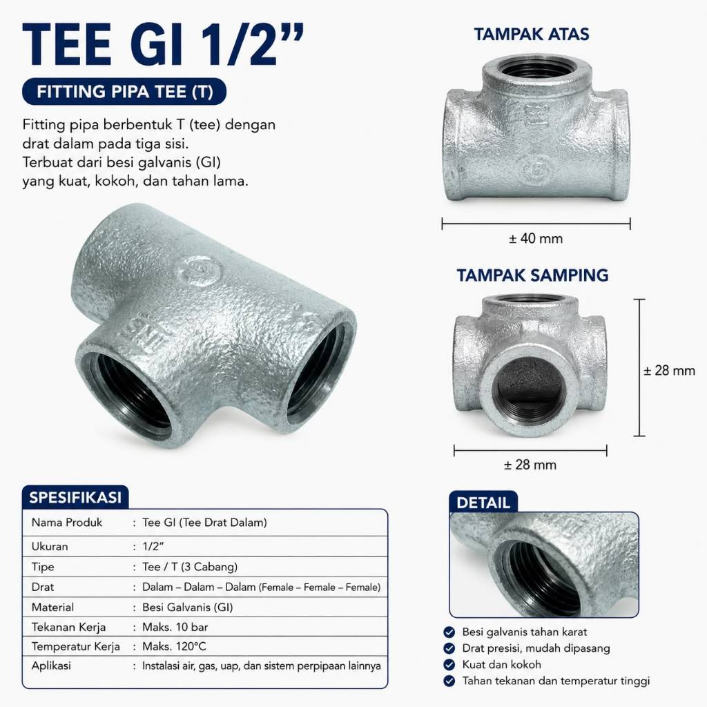 TEE GI BESI GALVANIS 1/2 INCH / FITTING PIPA TEE (T)