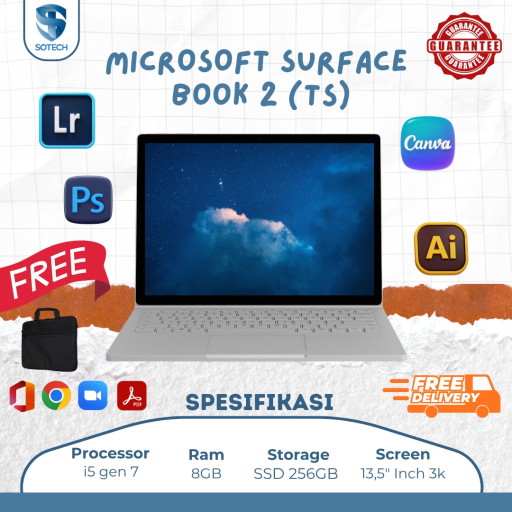 Microsoft Surface Book 2 Core i5 SSD 256GB RAM 8GB Layar 3K Detachable Keyboard Backlit Windows 10 P