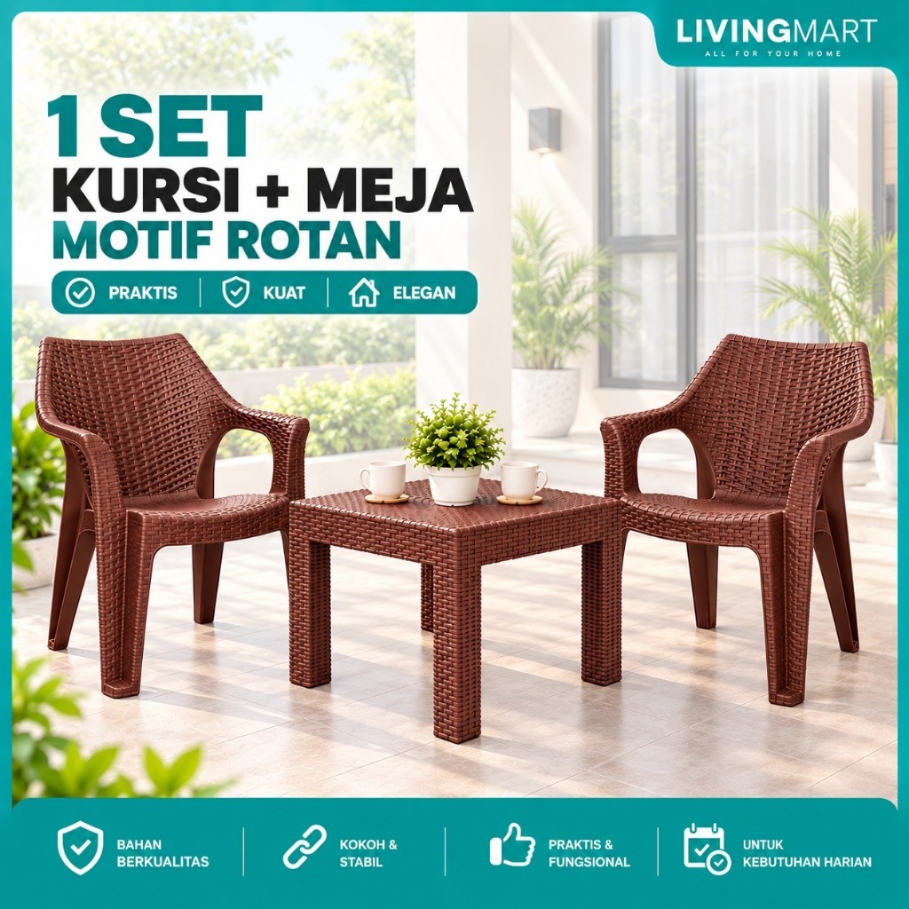 Tabitha Satu set kursi Meja Teras + Kursi Motif Rotan / Meja Tamu Plastik Minimalis