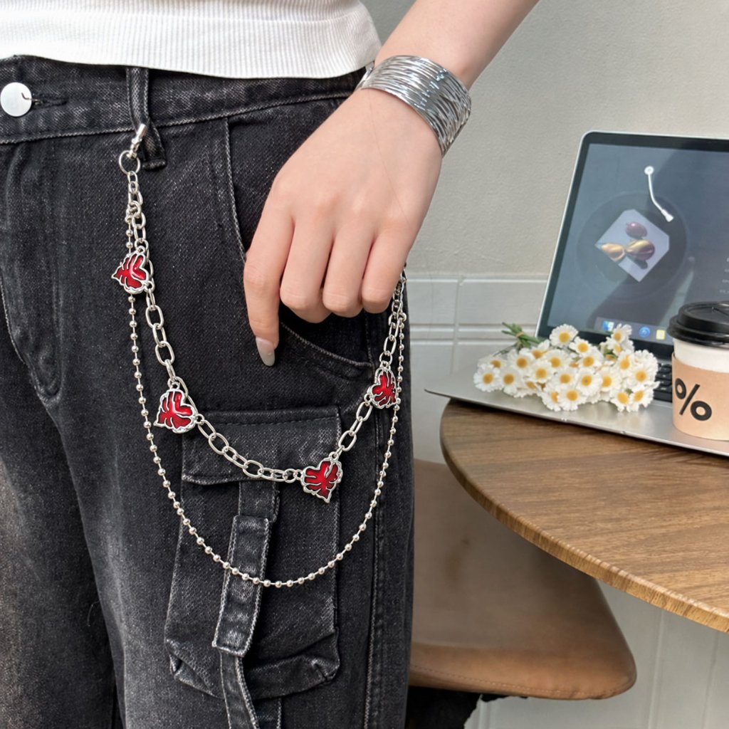 2 Layers Rantai Celana Wanita Pria dengan Hati Merah Gothic | Rantai Dompet Kekinian Streetwear Punk