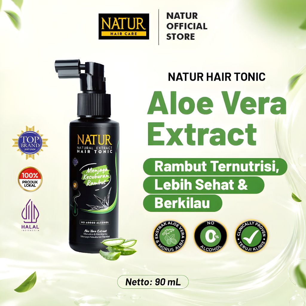 Natur Hair Tonic Aloe Vera 90ml – Terlaris Rambut Lebat, Sehat & Kuat | Bebas Alkohol | Aroma Segar 