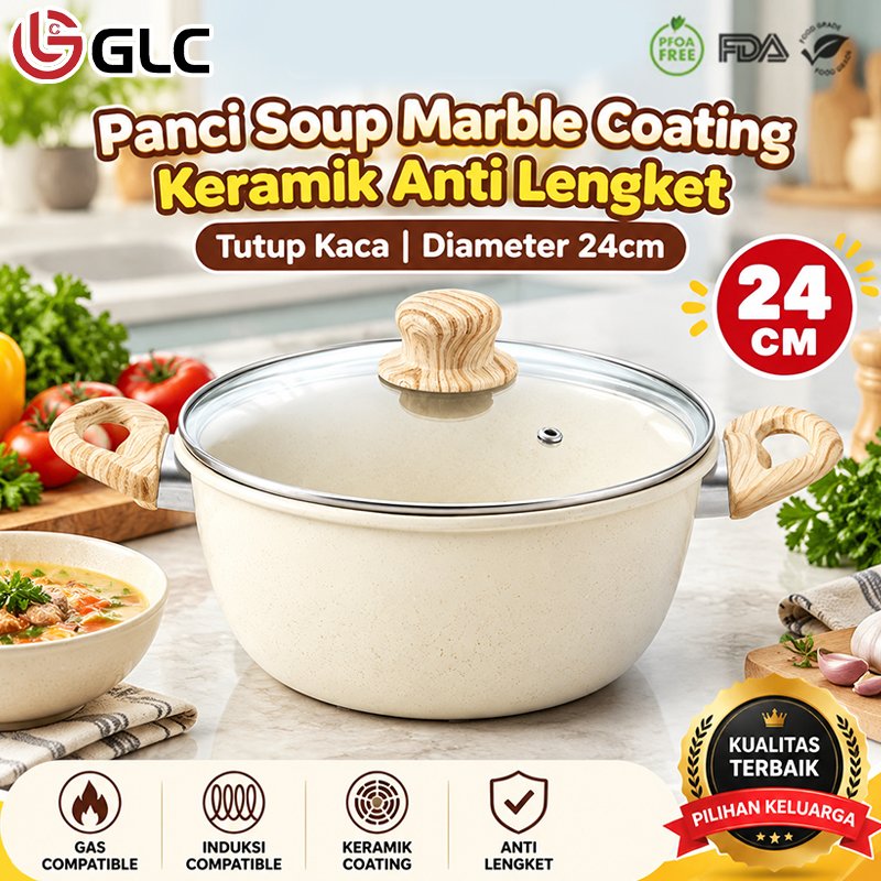 GLC Panci Soup 24CM Marble Coating Ceramic Anti Lengket Tutup Kaca