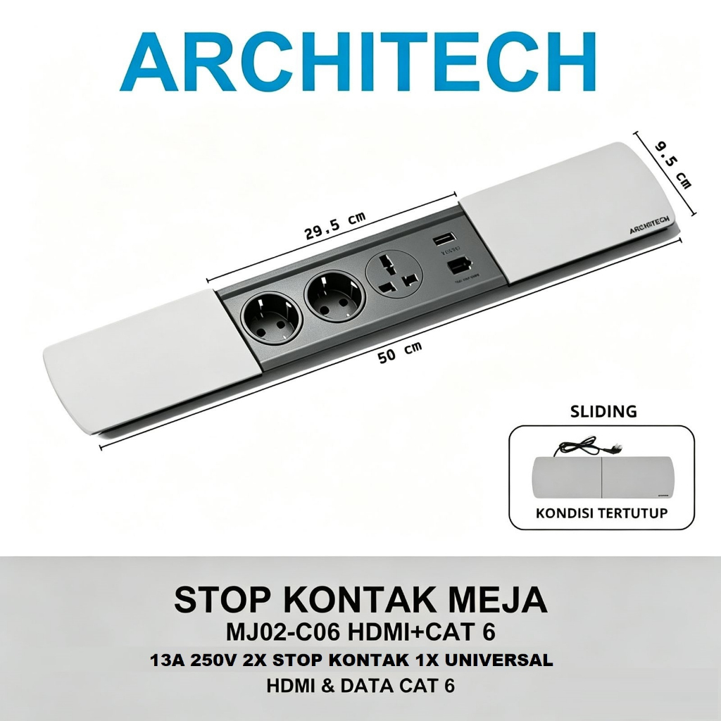 ARCHITECH MJ02-C06 HDMI+CAT6 Stop Kontak Meja  STOPKONTAK Multi 3pin UNIVERSAL SILVER