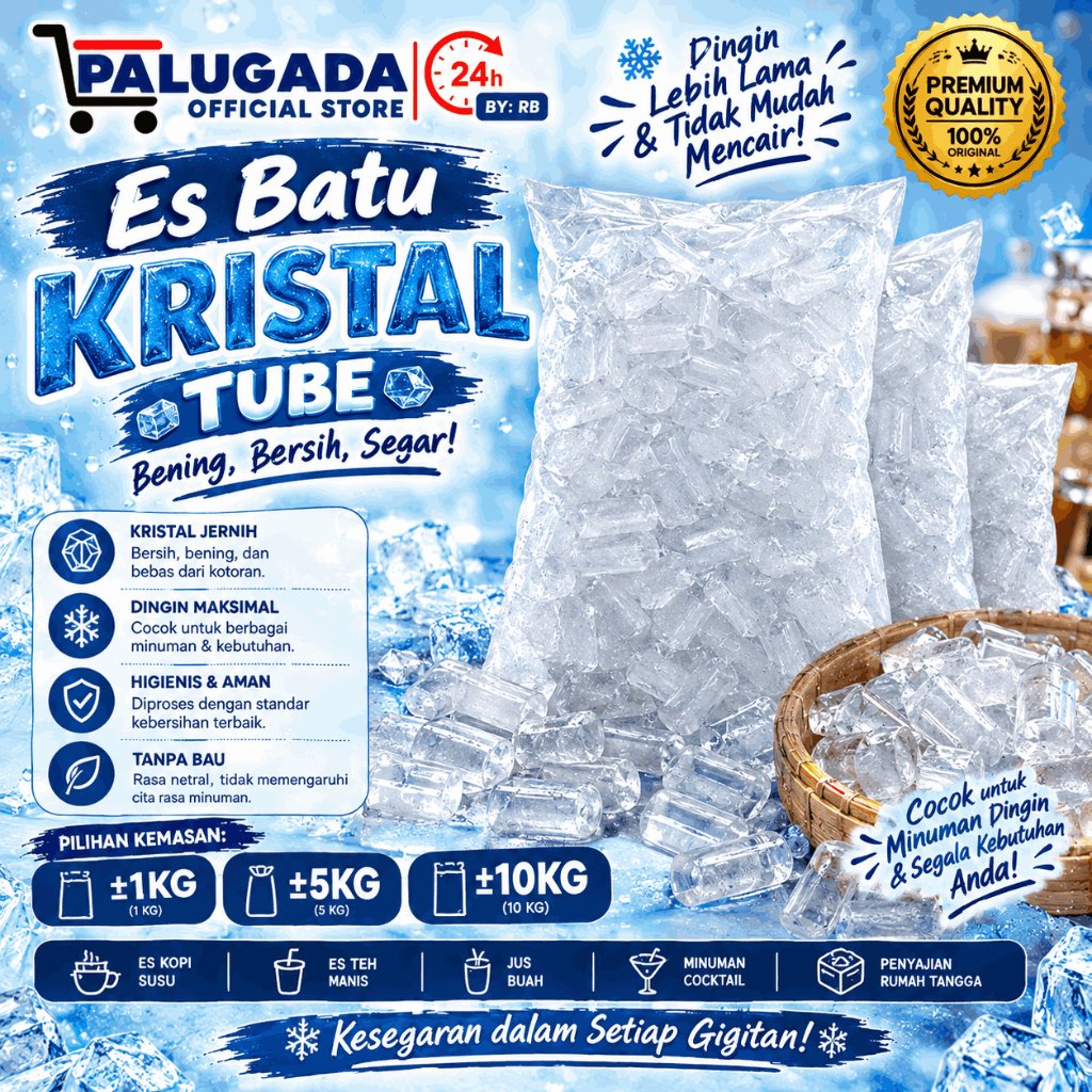 ES BATU KRISTAL TUBE 5KG, 10KG / BALL - ICE CUBE - LUBANG TENGAH - DINGIN - BERSIH, HIGIENIS - SIAP 