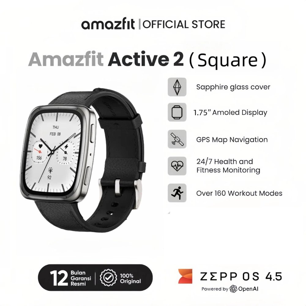 Amazfit Active 2 Jam Tangan GPS dengan Layar AMOLED 1.32 Inci, Baterai 10 Hari, dan 5 ATM Water Resistance - Silver/Abu-Abu Metalik