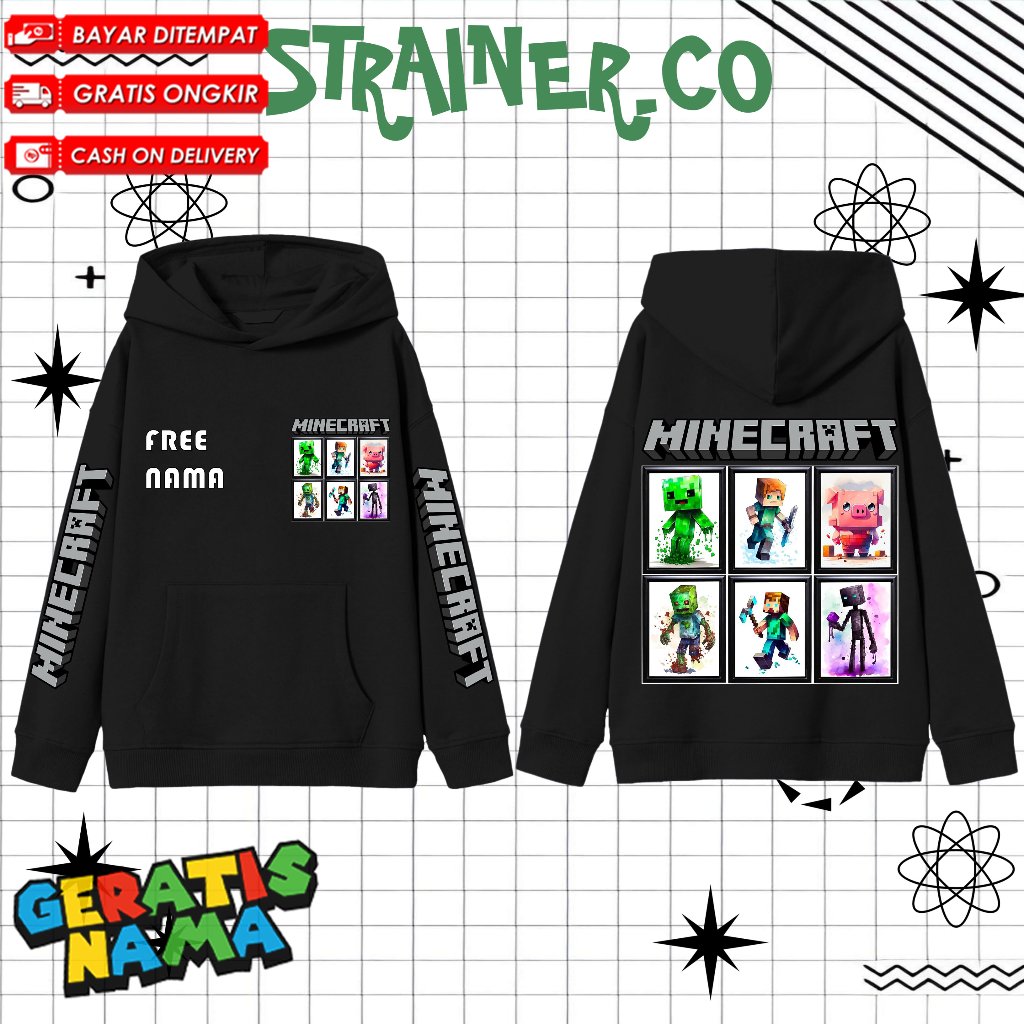 Jaket Hoodie Fashion Anak Unisex Game Minecraft Pocket Edition - Hoodie Anak MC PE Steve Free Nama D