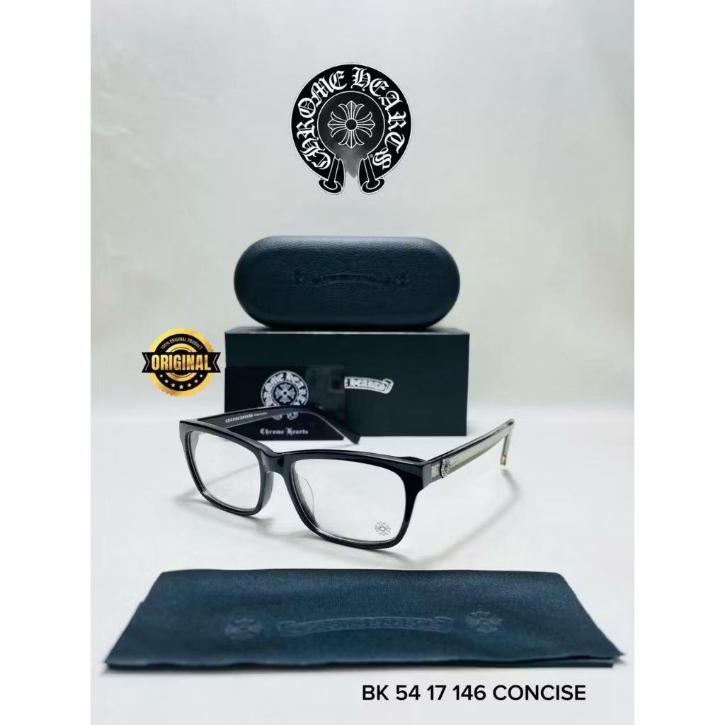 Kacamata Chrome Hearts BK 54 17 146 Concise frame hitam dengan kotak dan kain