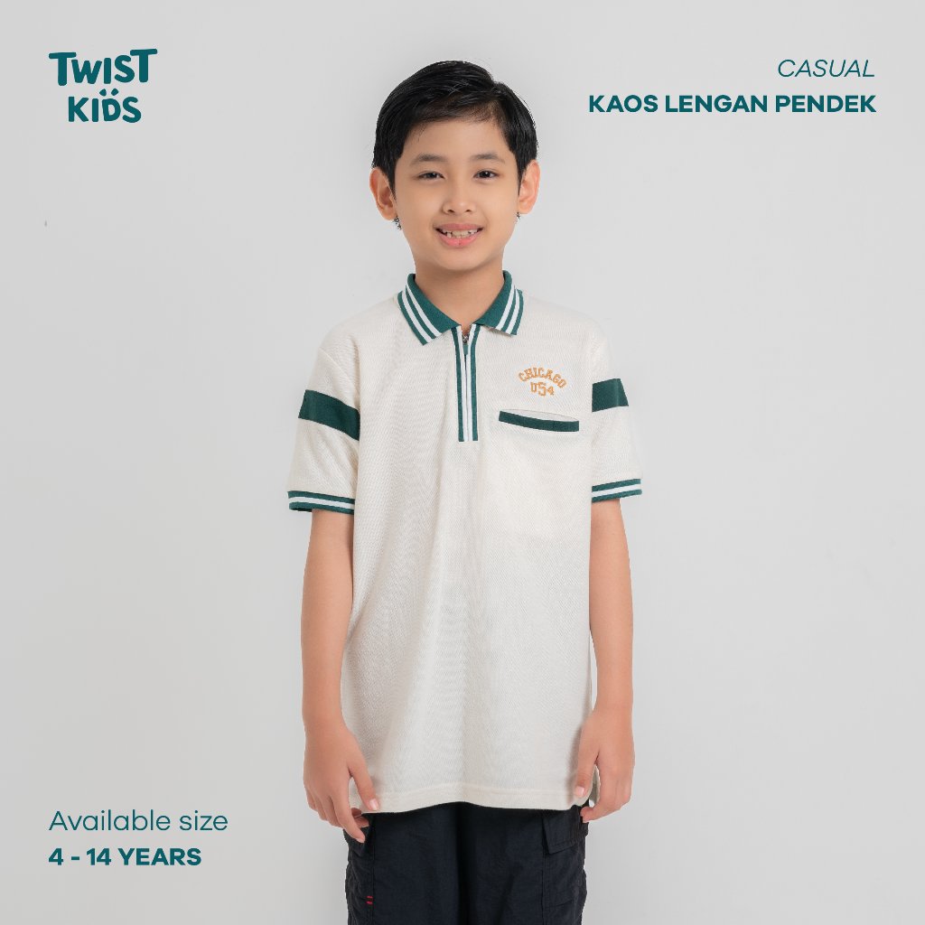 Twist Kids - Harper C, Kaos Wangky Kerah Polo Casual Warna Off-White Anak Laki Laki 4-14 Tahun