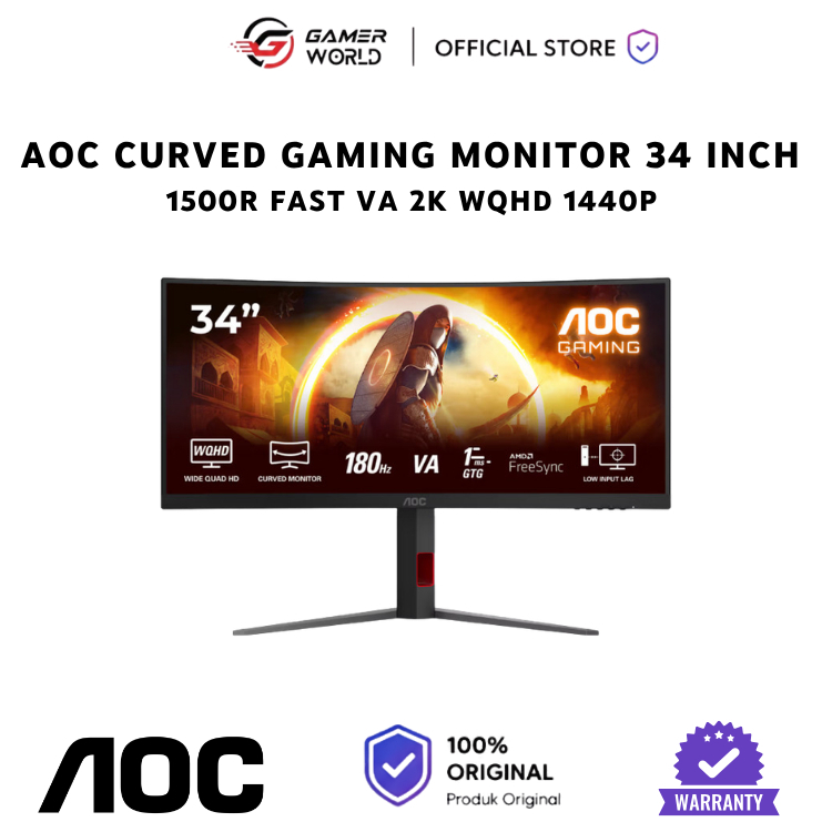AOC CURVED GAMING MONITOR 34 INCH 1500R FAST VA 2K WQHD 1440P 1MS 180HZ CU34G4 HDR10 HDMI+DP 3Y ERGO