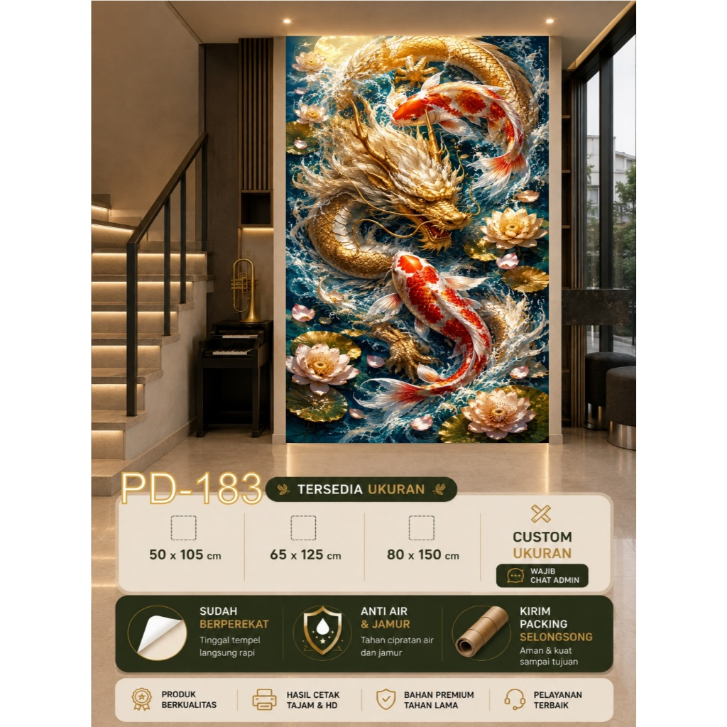 Stiker Wallpaper Dinding 3D Naga Keren untuk Ruang Tamu