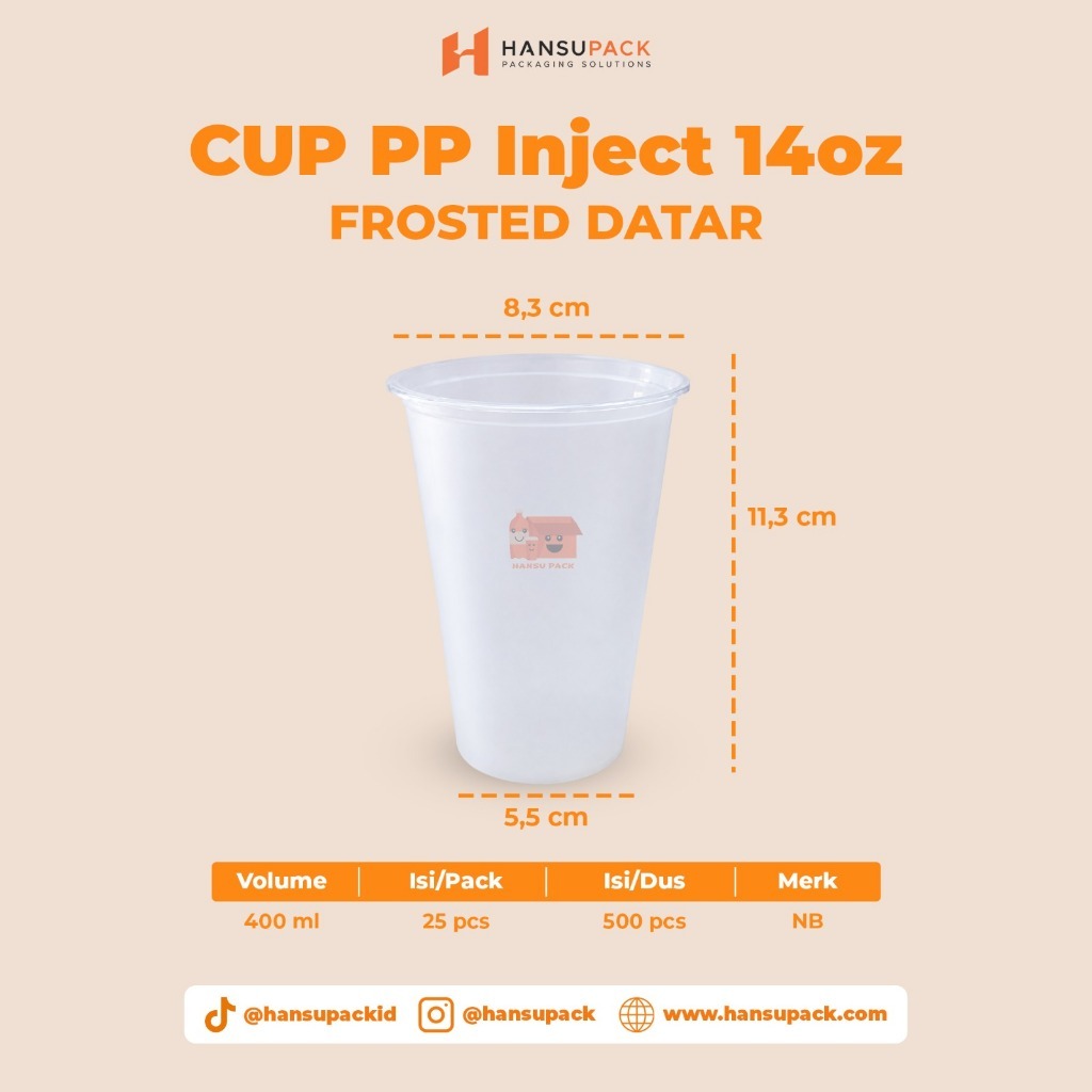 [25pcs-NB] Cup PP Inject 14oz datar frosted - 400ml - Gelas Plastik PP Inject 14oz datar frosted