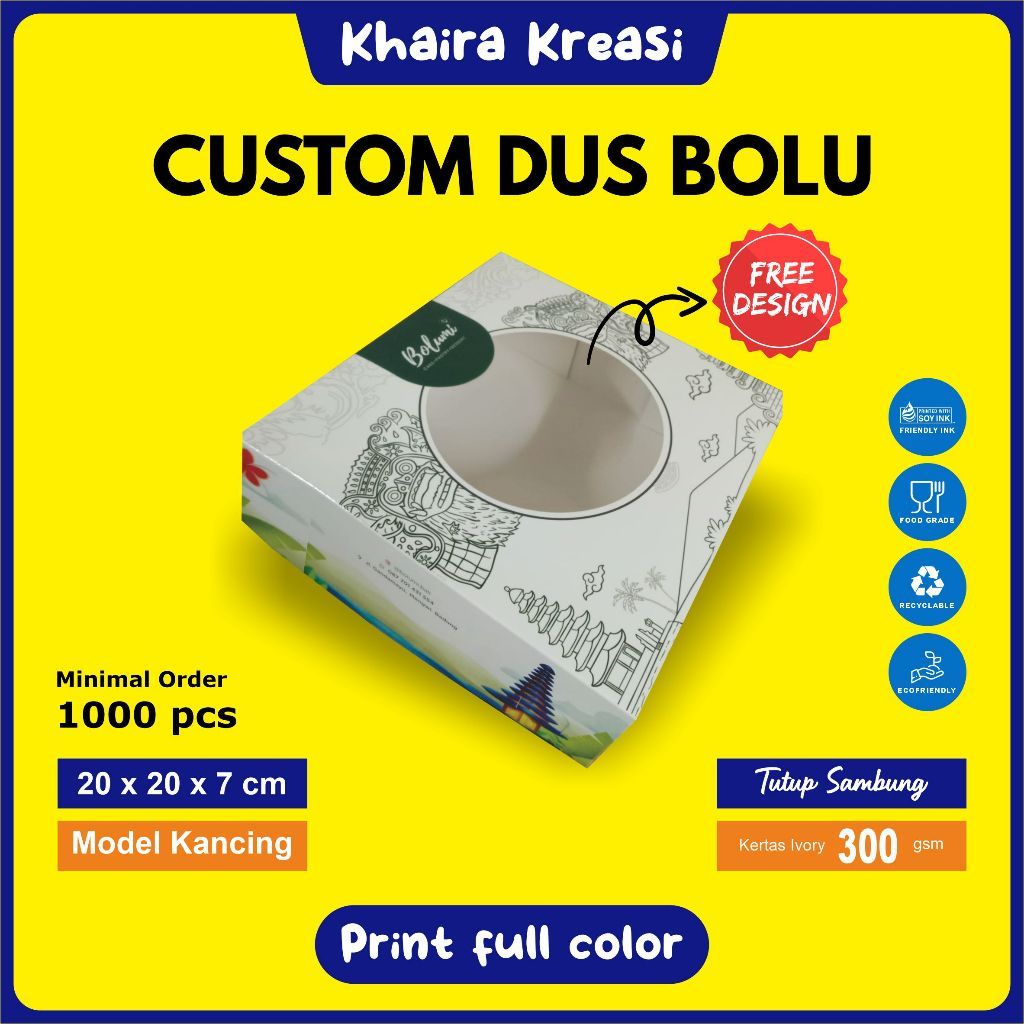 Cetak Custom Dus Bolu/ Cake Box / Kotak Bolu / Ukuran 20x20x7 cm (Tutup Sambung) Minimal 1000 Pcs / 
