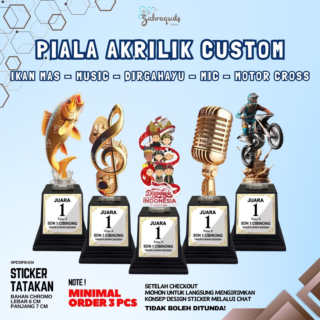 Piala Akrilik Kemerdekaan Agustusan, Ikan Mas / Carp, Motocross, Musik, Mic / Karaoke, Trophy Piala,