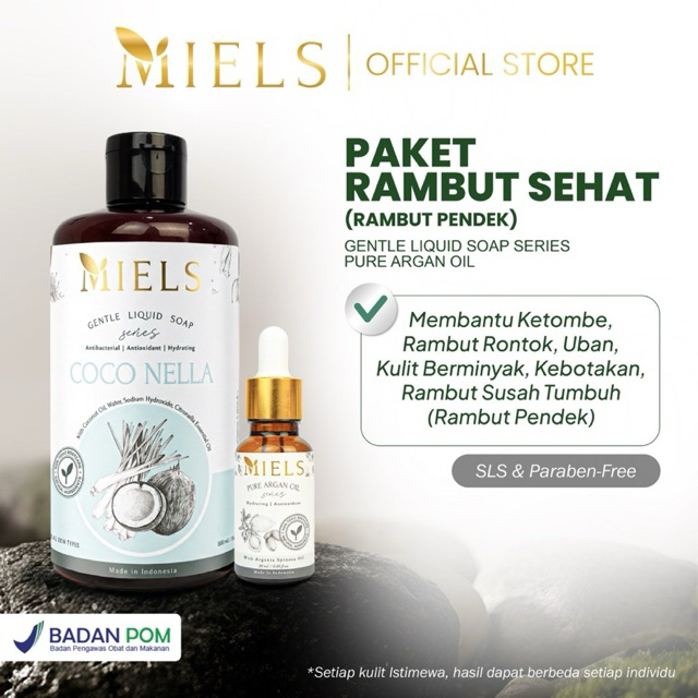Miels - Paket Rambut Sehat( Rambut Pendek) ( Gentle Liquid Soap Series 500ml dan Pure Argan Oil 20ml