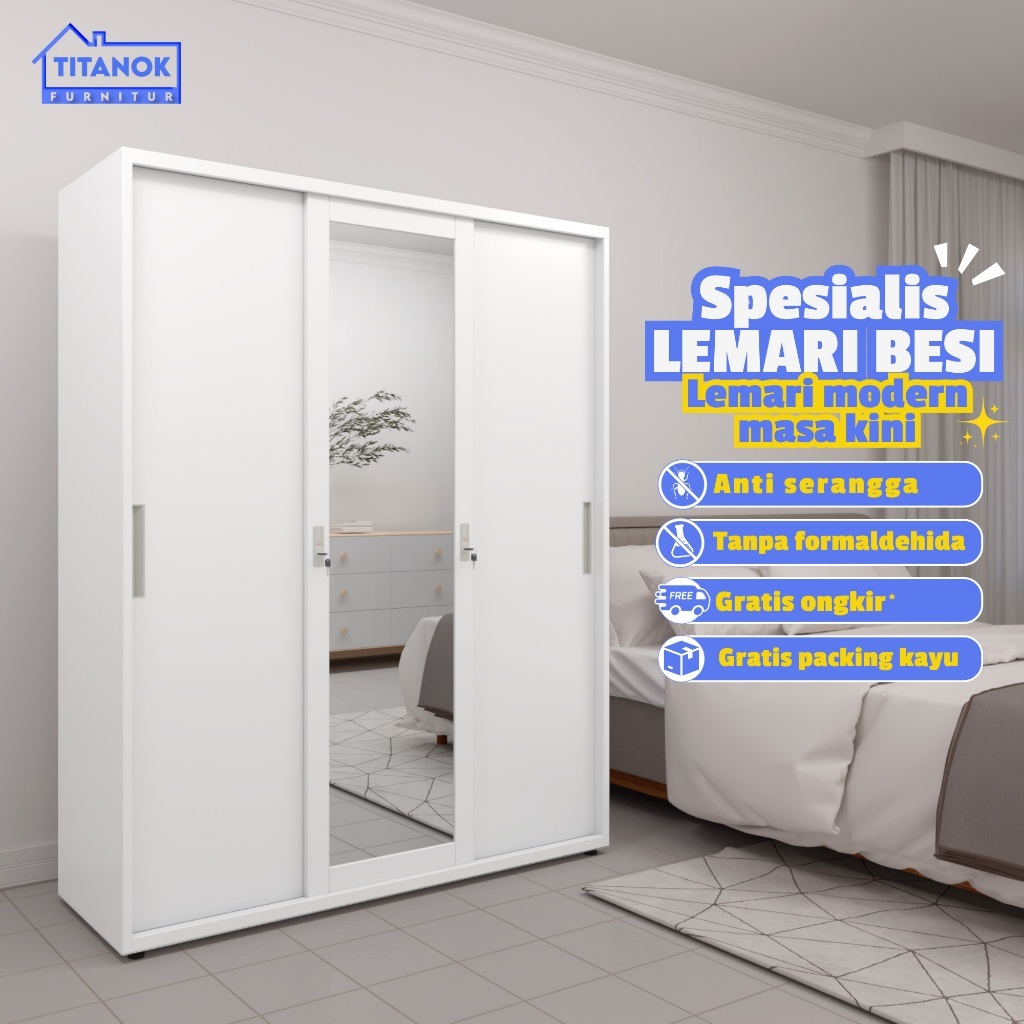 Titanok Official Lemari Pakaian Besi 3 Pintu Sliding Jumbo - 150cm 2 Batang Rak Baju