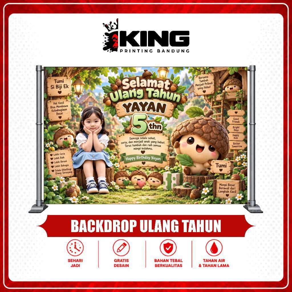 Backdrop Ulang Tahun Anak Tema Tumi si Biji Ek / Cute Acorn Custom Nama Foto | Banner Happy Birthday