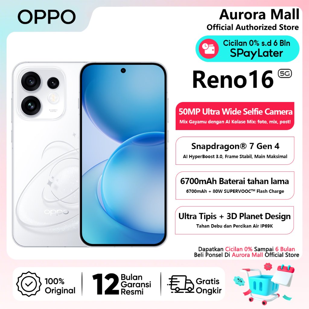 OPPO Reno16 5G 12/256GB (12GB+12GB Extended RAM) NFC 50MP Camera Official Store HP Android Handphone