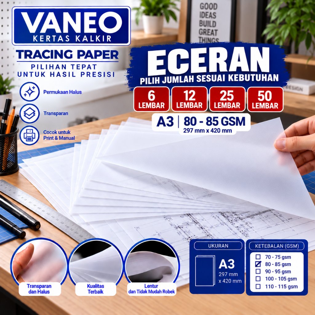 Vaneo Kertas Kalkir A3 80/85 gsm Tracing Paper eceran