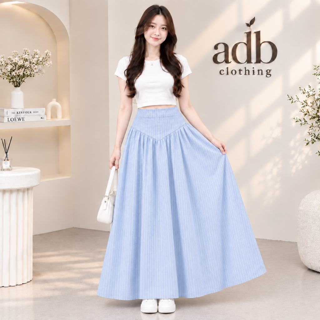 ADB - Rok Payung Skirt  Maxi Premium Rok Ruffle Korean Style Haighwaist Panjang Salur - Rok Wanita P