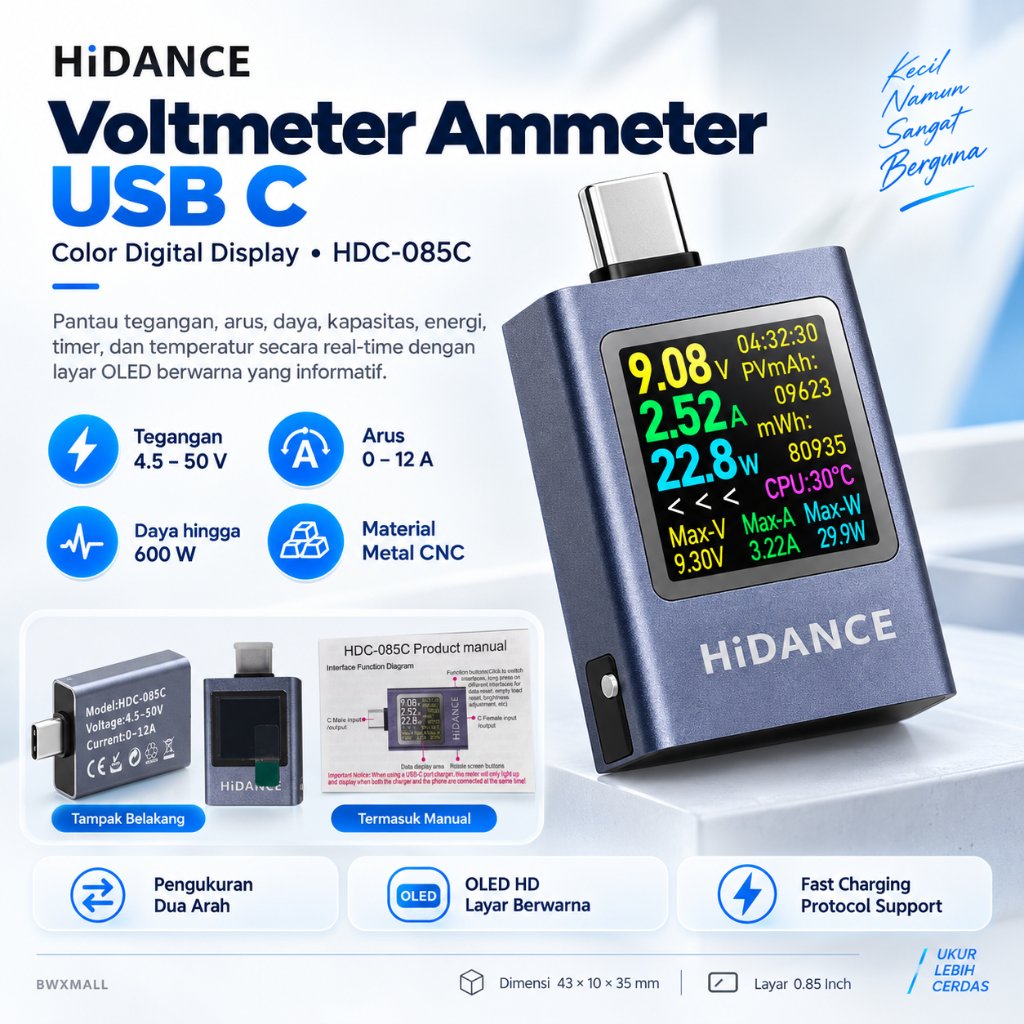 USB Type C Tester Digital OLED 50V 12A 600W Power Meter Pengukur Tegangan Arus Daya Kapasitas Batera