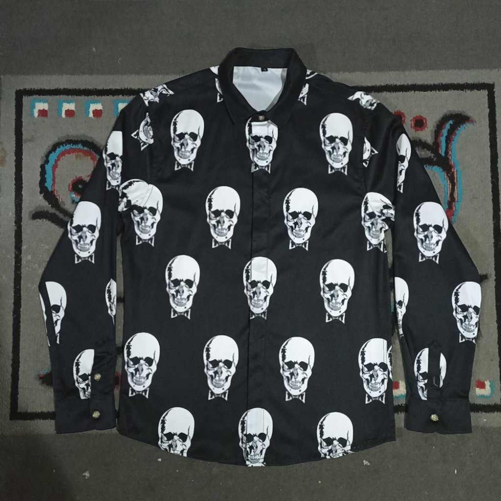 Unbrand Skull All Over Print Motif Saint Laurent Black Shirt Kemeja Panjang