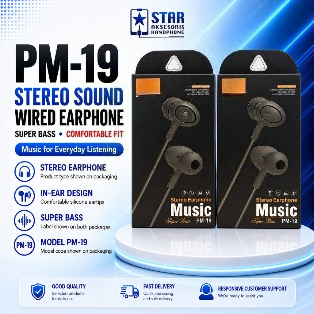 [Black] Earphone - Handsfree - Headset JB PM-19 J Stereo Extra Super Bass HF PM19