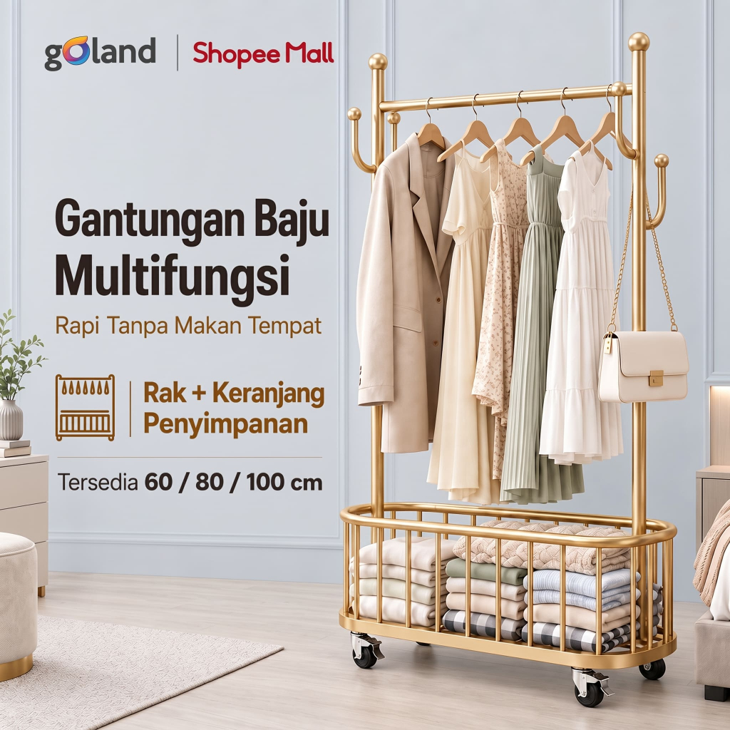 Goland Gantungan Baju Aesthetic Model Nordic - Gantungan Baju & Keranjang Pakaian 4 Roda Multifungsi