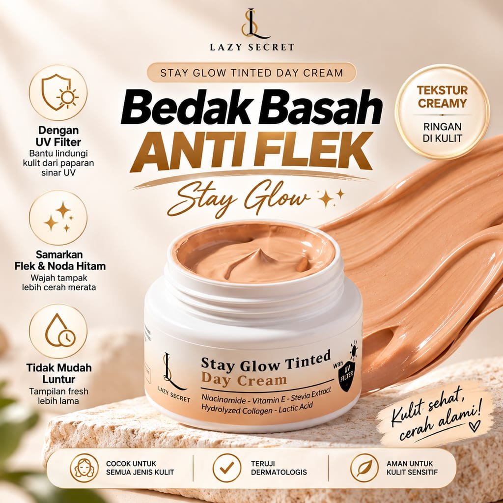 LAZY SECRET Bedak Basah Anti Flek Krim Siang Stay Glow Bantu Samarkan Flek Cerahkan Wajah Kusam Kuli