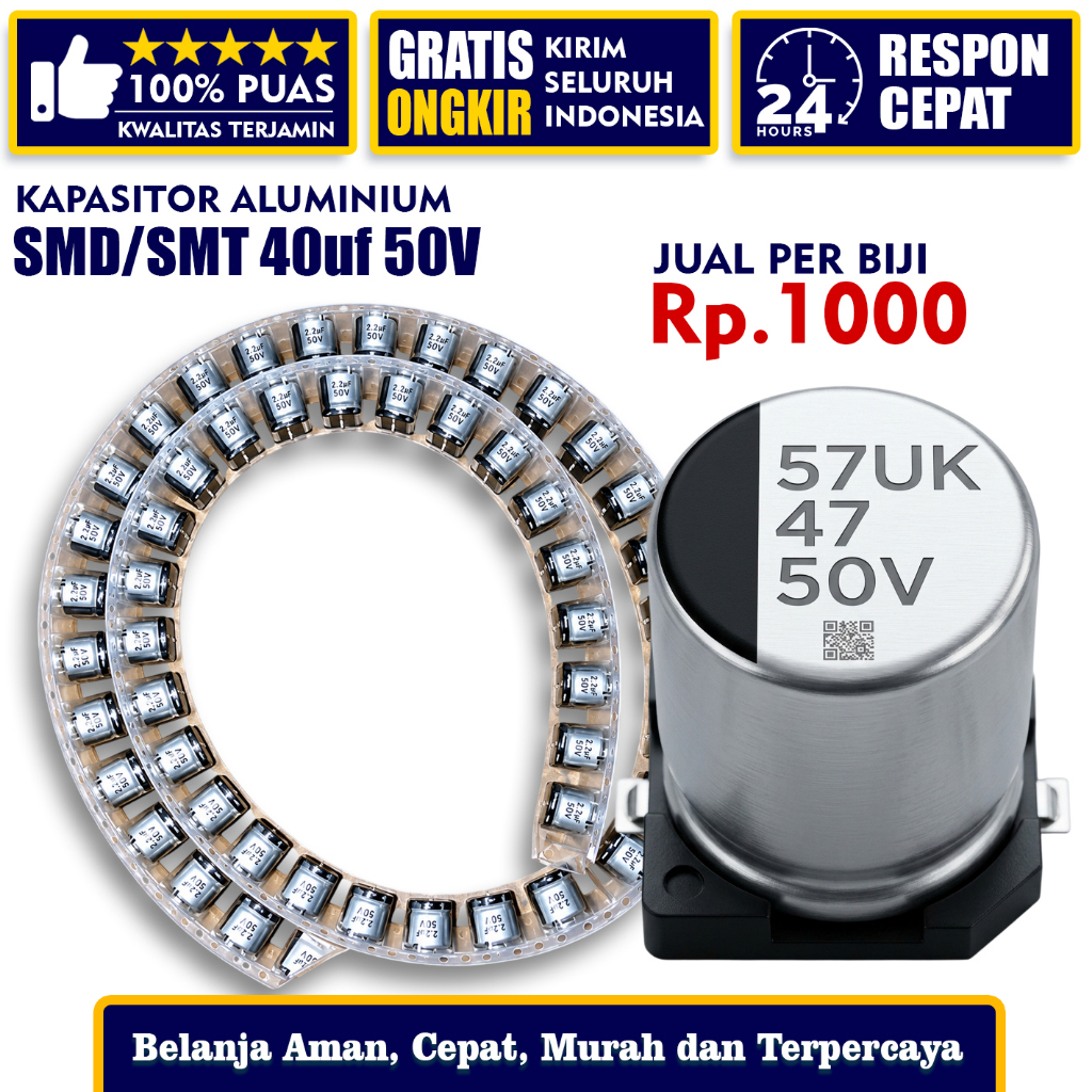 kapasitor aluminium SMD 4,7uf mikrofarat 50V alumini 4,7uf 50V eceran