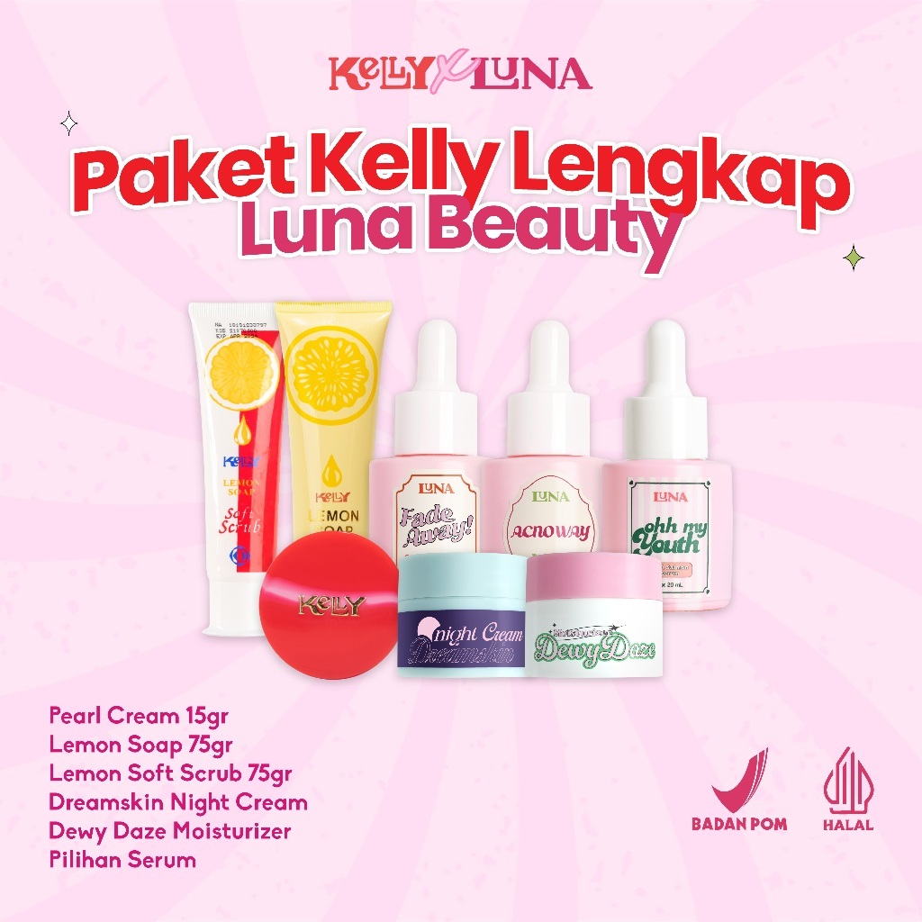 Paket Skincare Luna Bright Skin Full Package x Kelly (Night Cream + Moisturizer + Serum + Kelly Pake