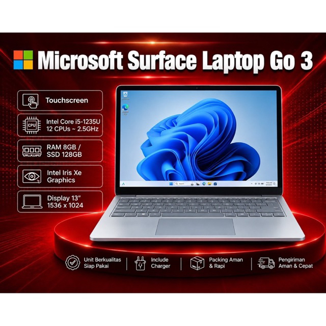 Microsoft Surface Laptop Go 3 Core i5 Gen 12 Ram 8 SSD 128 - Siap Pakai
