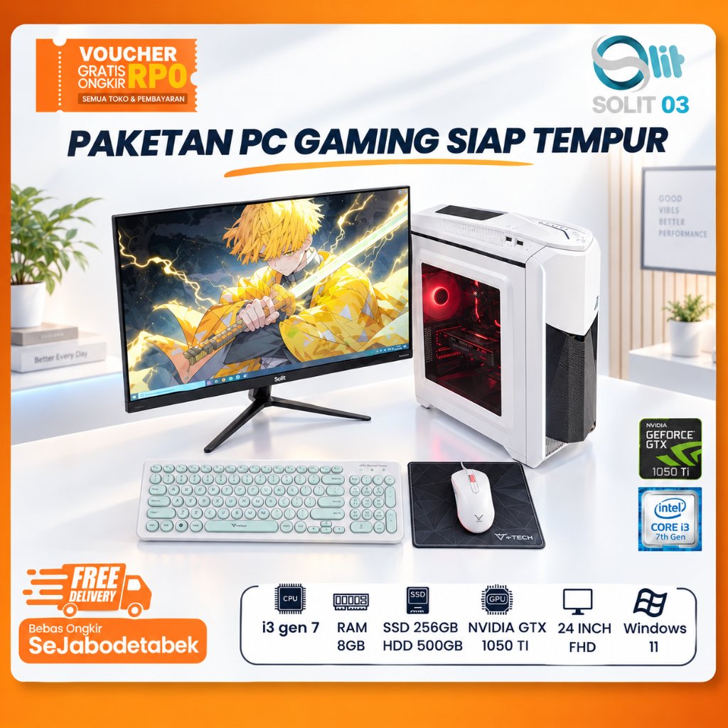 Paket PC Gaming Core i3-7100 GTX 1050Ti SSD 256GB HDD 500GB RAM 8GB Monitor 24 Inch FHD Lengkap Siap