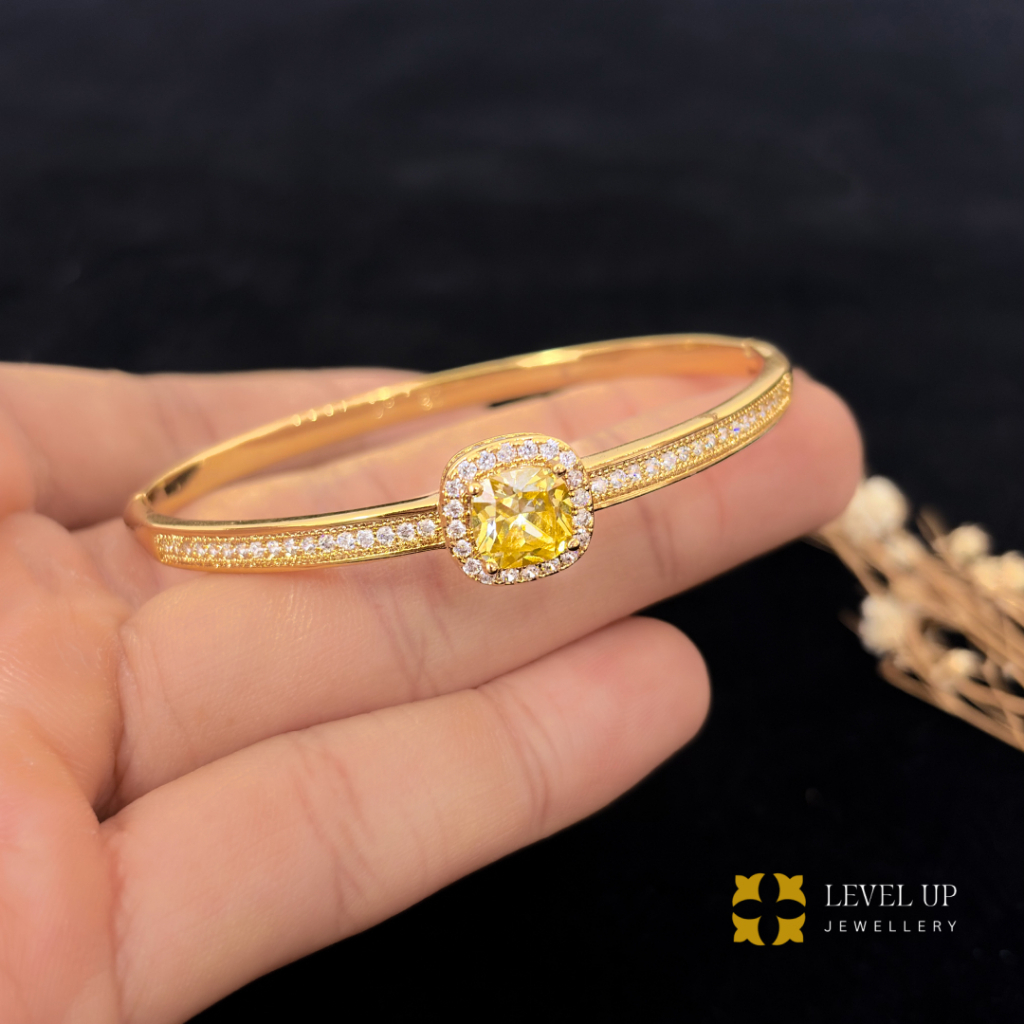 Gelang Wanita Permata Baris Putih Dan Permata Kuning Bahan Tembaga Lapis Emas Hongkong Warna Awet Ta