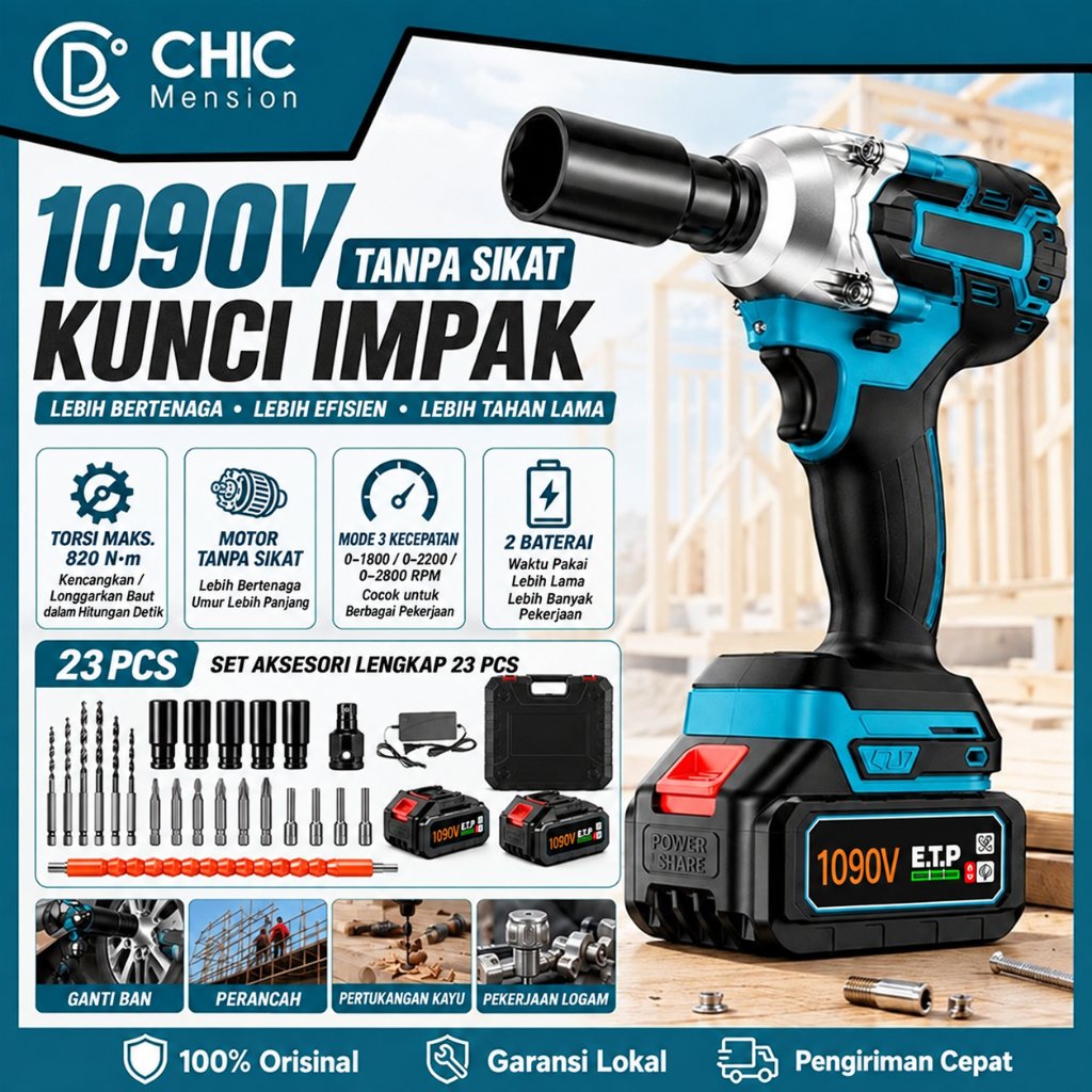 CHIC Cordless Impact Wrench 1090V / 588V 980N/M Bor Impact Baterai 2 Baterai Impek Baterai Kunci Wre