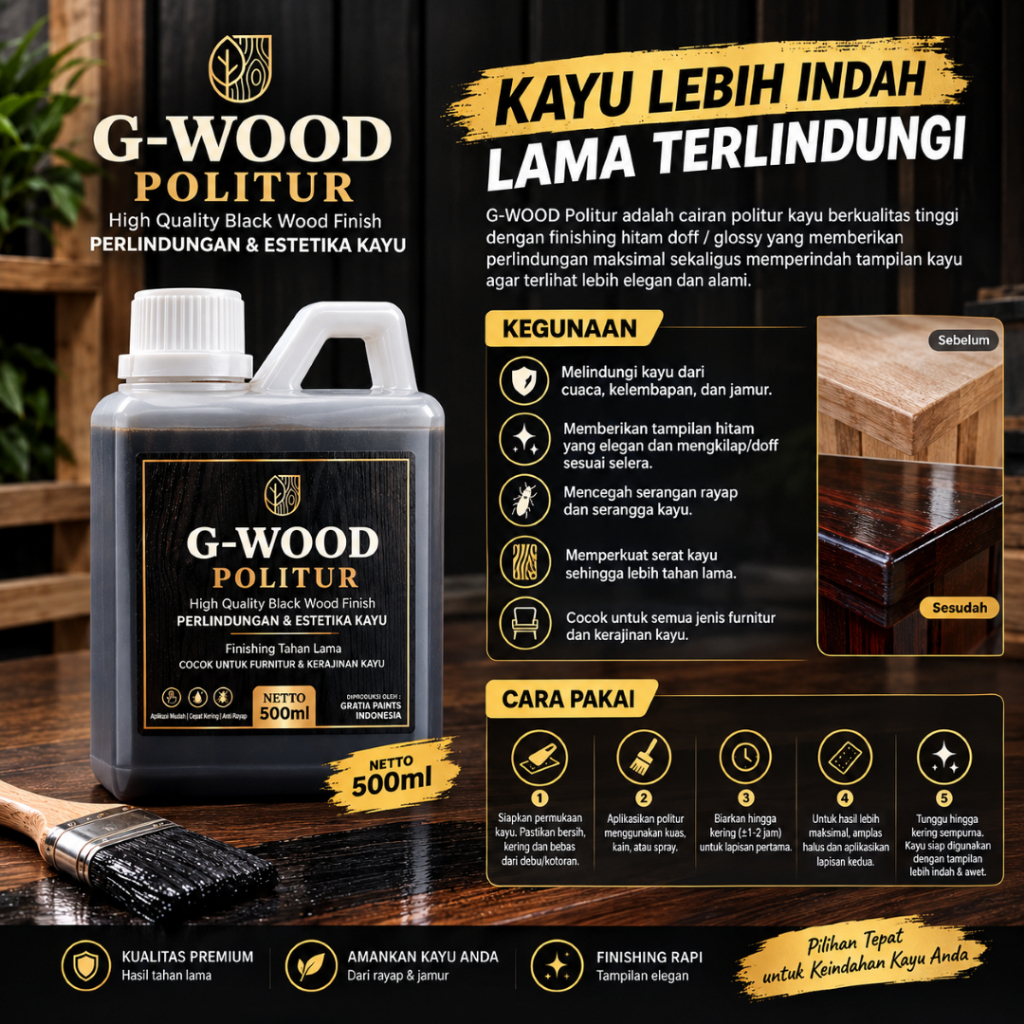 POLITUR PLITUR KAYU G-WOOD, PELAPIS KAYU WARNA HITAM PREMIUM 500ML