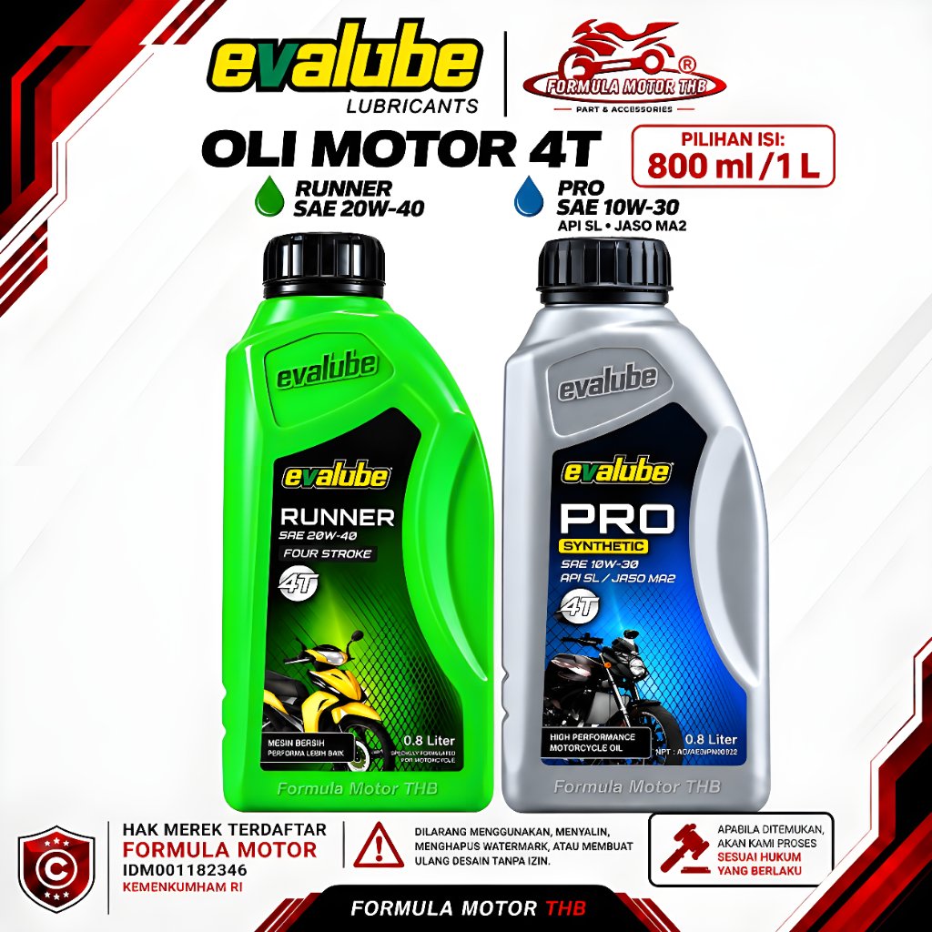 Oli Mesin Motor Manual Evalube 4T Series Runner 20W-40 / Pro 10W-30 800ML 1L Original Bebek Sport