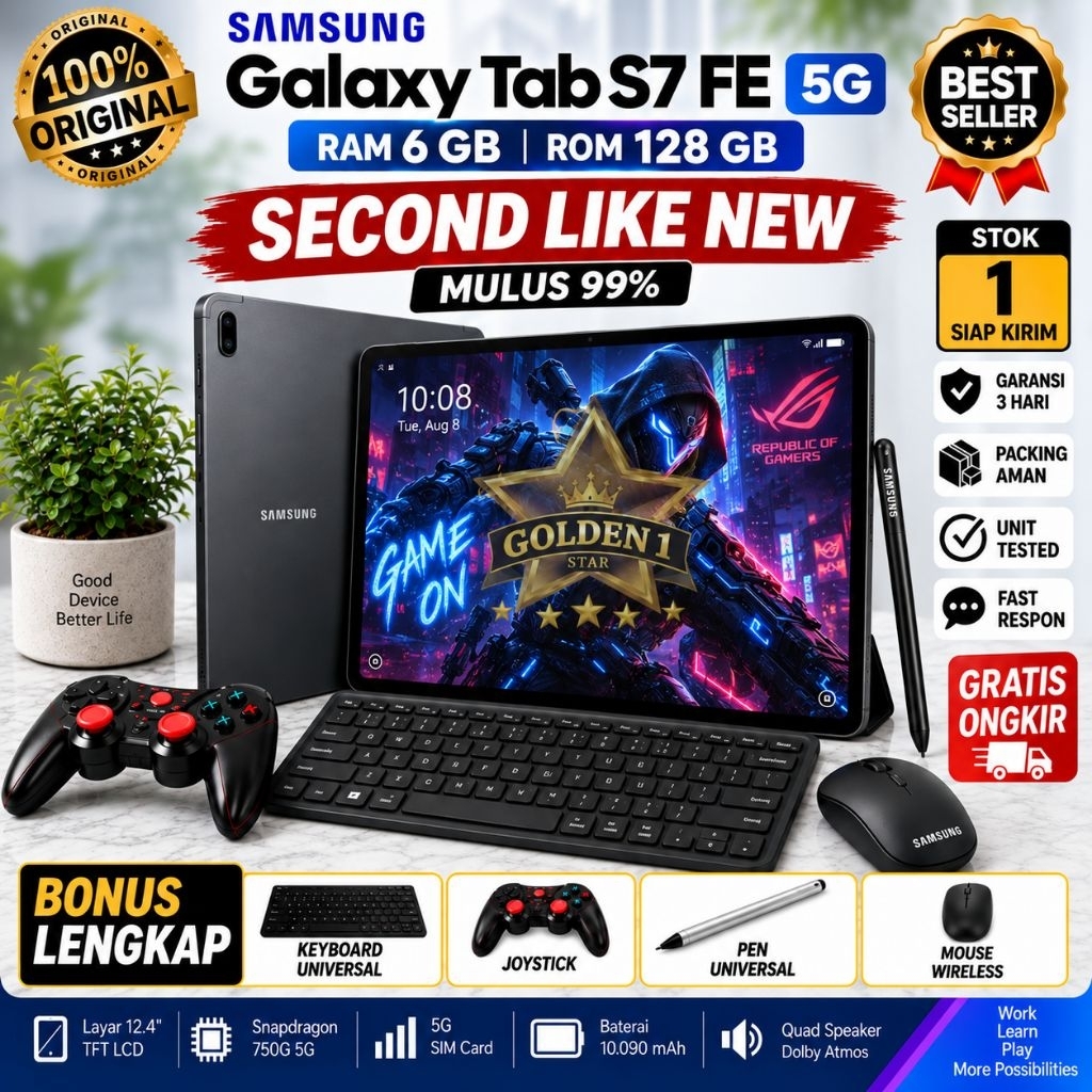 Samsung Galaxy Tab S7 FE 5G RAM 6GB 128GB Second Like New Bonus Lengkap