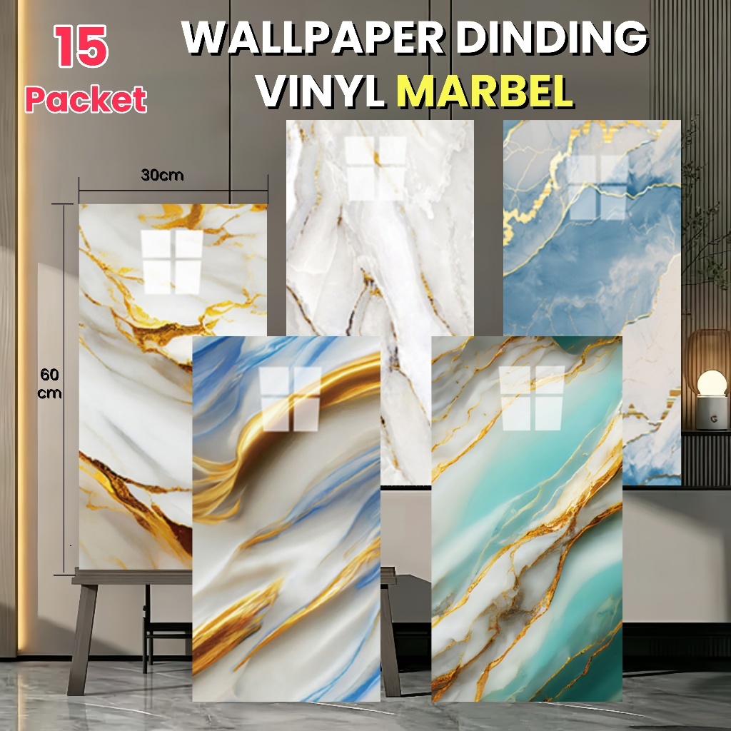 Wallpaper Dinding Vinyl Marble Granit Kayu 30x60cm PAKET 15 PCS Stiker Keramik Waterproof Tebal 1.8m