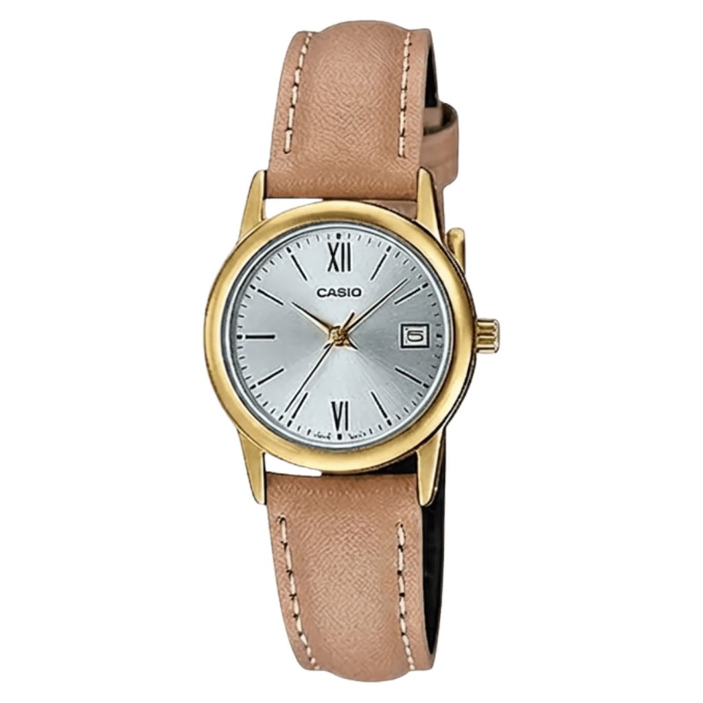 Galery Jam Tangan Casio LTP-V002GL-7B3UDF Beige Gold Dial Silver Leather