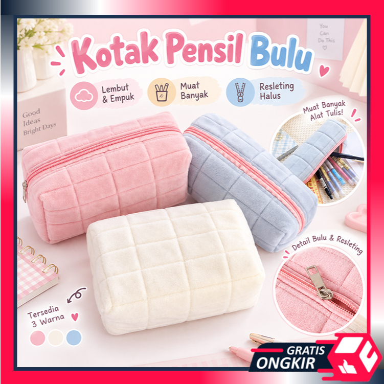 Gratis Ongkir - T5958 Tempat Pouch Pillow Korea / Kotak Pensil Sleting Velvet Aesthetic Pastel / Kot