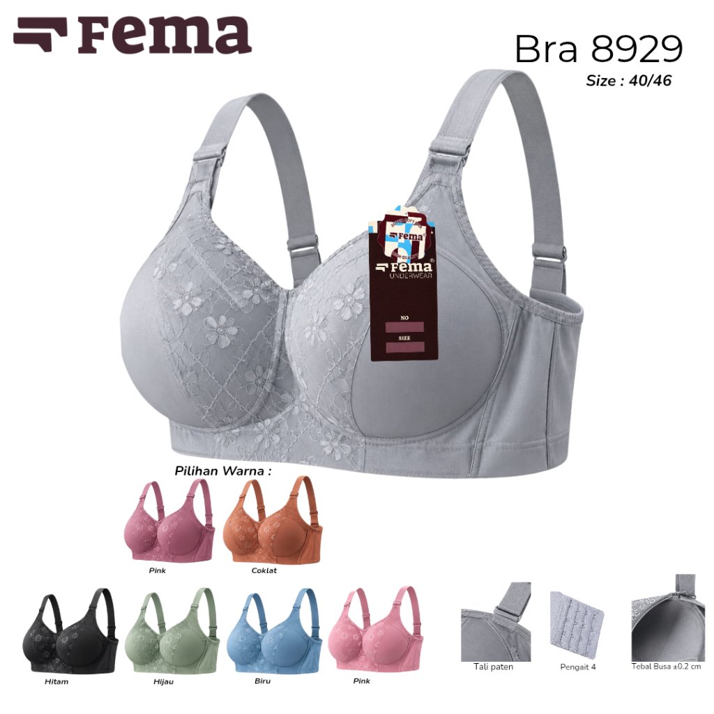 FEMA Official Shop 1 pcs Bra Fema Supersoft 8929 Bra Big Size 40-46 Bra Renda Seserahan Bra Cantik m