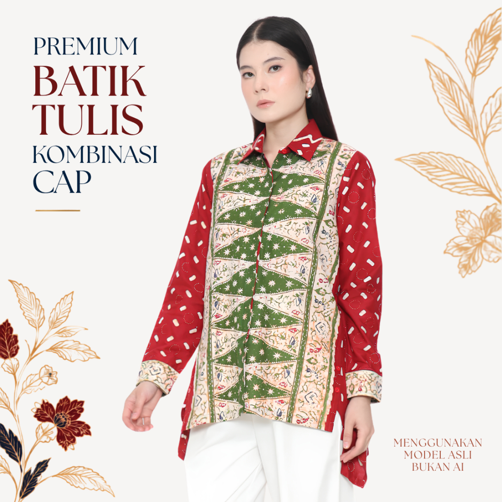 Batik Atasan Wanita Premium Blouse Betawi Merah Ondel-ondel | BATIK TULIS KOMBINASI CAP | ALMAJIWA I