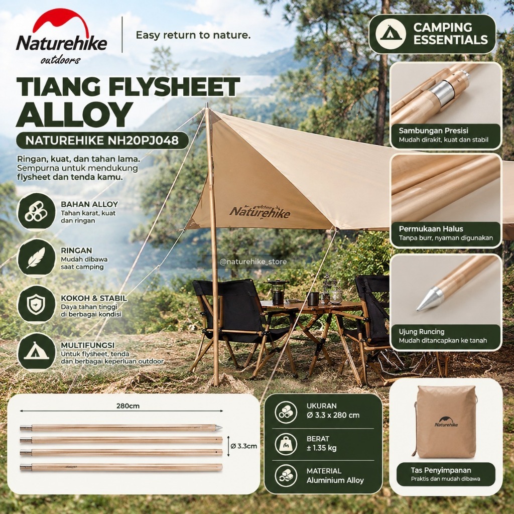 Naturehike Tiang Flysheet Alloy 3.3CM X 280CM NH20PJ048 Tenda Camping Hiking Outdoor