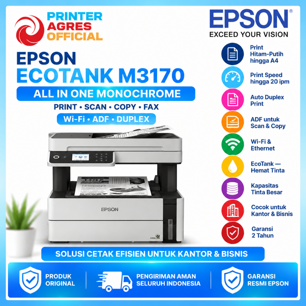 EPSON Printer Epson M3170 M-3170 M 3170 Inkjet Monochrome Pigment WIFI Fax with ADF