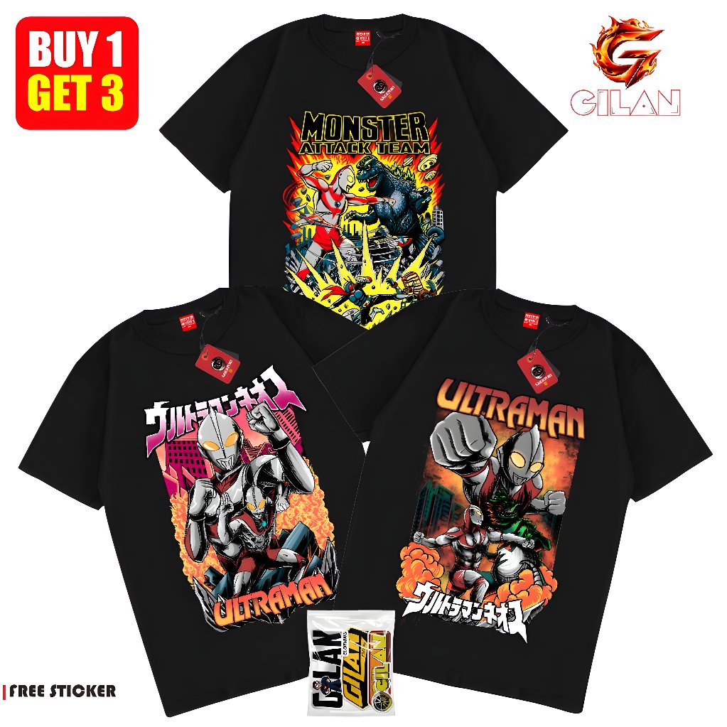 Paket Bundling 3 Pcs Kaos Ultraman Godzilla Tshirt Monster Japan Baju Distro Vintage Graphic PRIA WA