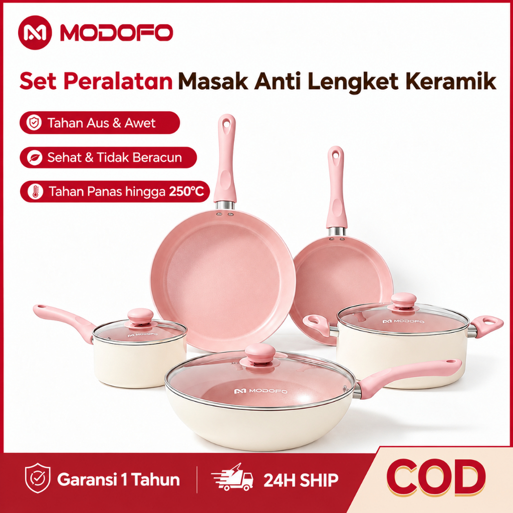 MODOFO Panci Set Lengkap Anti Lengket 4pcs Wajan Penggorengan Anti Lengket Dandang Kukus Enamel Tepl